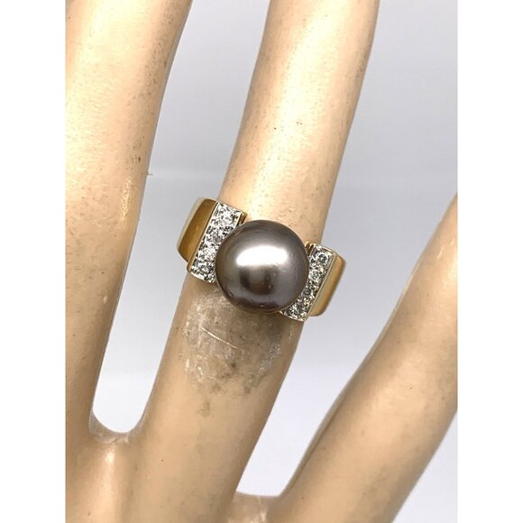 Black Pearl 9.5mm Diamond Cocktail Ring 14k Yellow Gold Estate Women's Size 4.75 - Picture 6 of 10